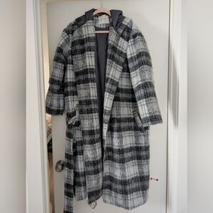 American Eagle Outfitters AEO Wool Blend Plaid Wrap Around Coat Belt Medium